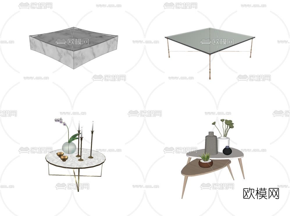 北欧原木茶几组合su模型下载