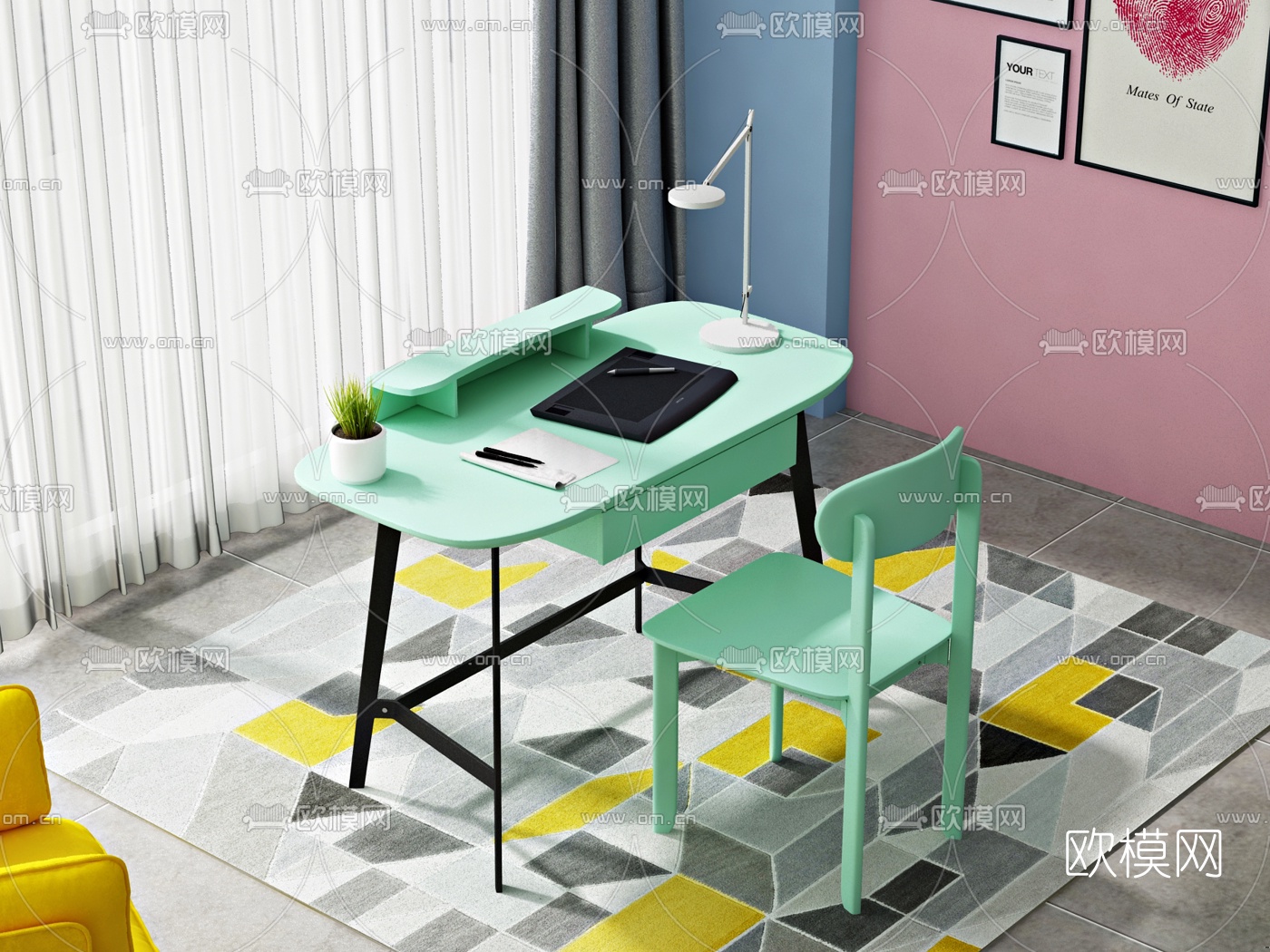 北欧儿童书桌椅3d模型下载