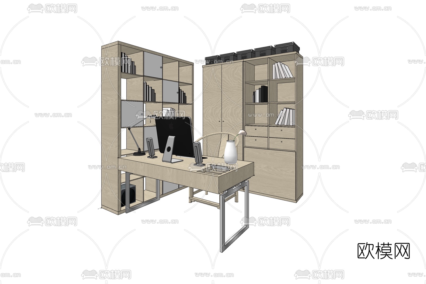 现代实木书柜书桌免费su模型下载