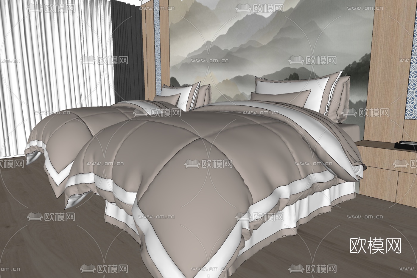新中式酒店双人房免费su模型