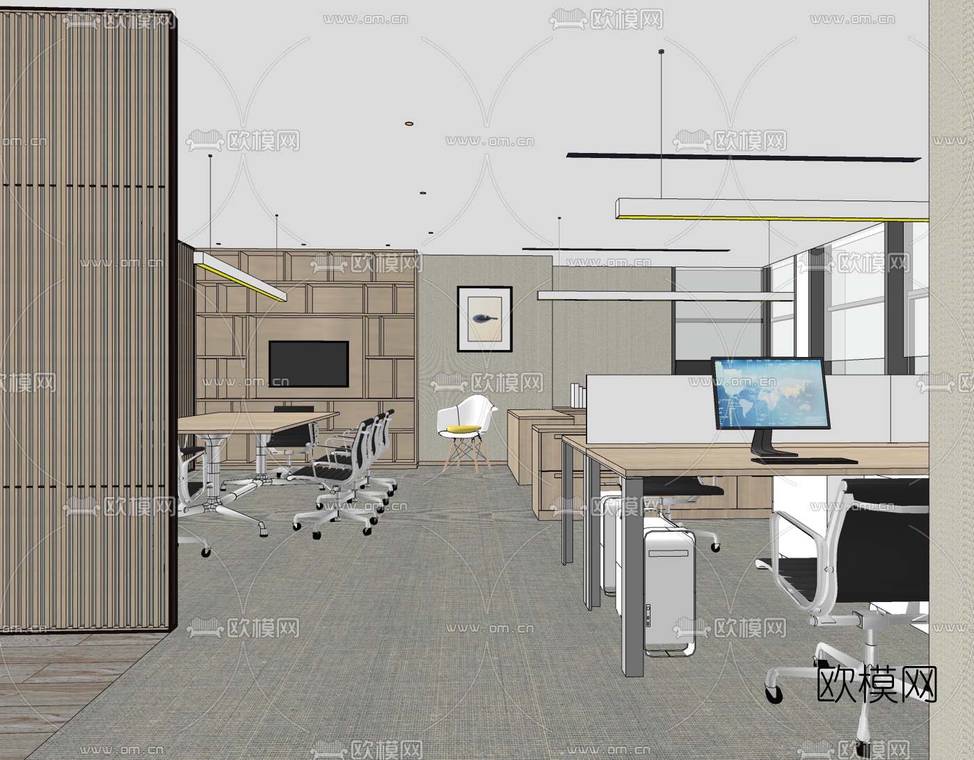 新中式办公区会议室su模型下载（渲染图1）