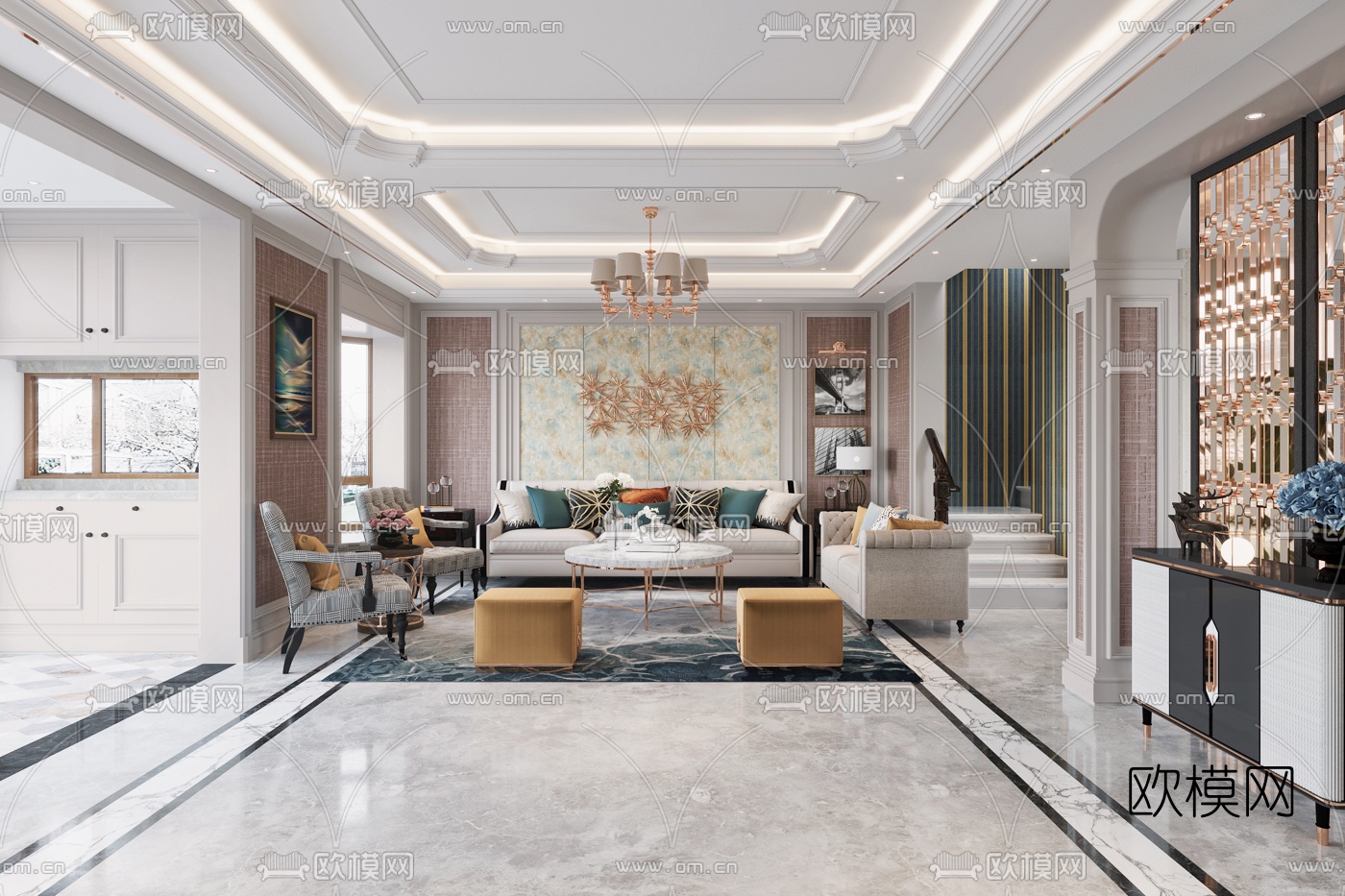 欧式别墅客厅餐厅3d模型下载（渲染图2）