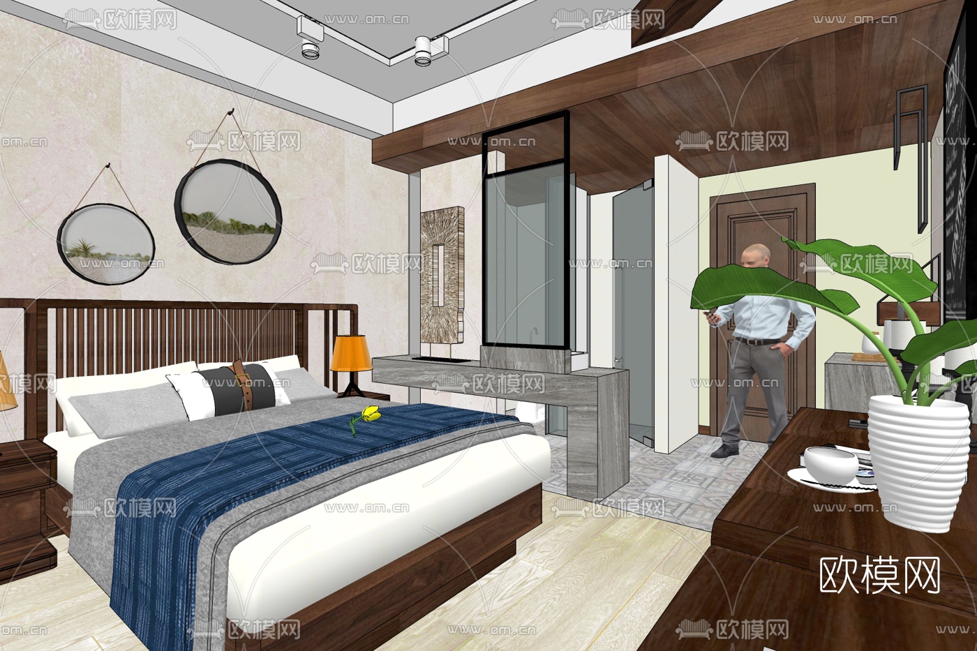 新中式酒店客房su模型下载