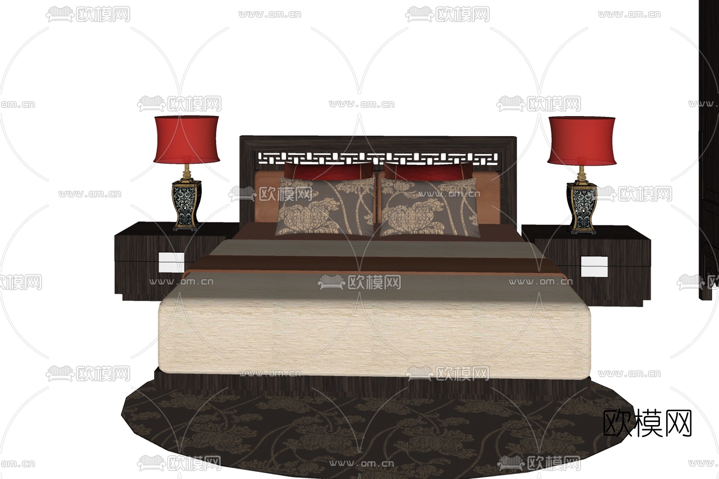 新中式实木双人床免费su模型下载