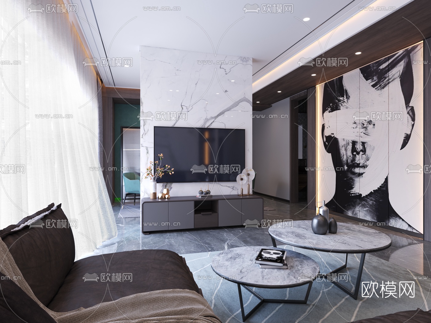 现代轻奢客厅餐厅3d模型
