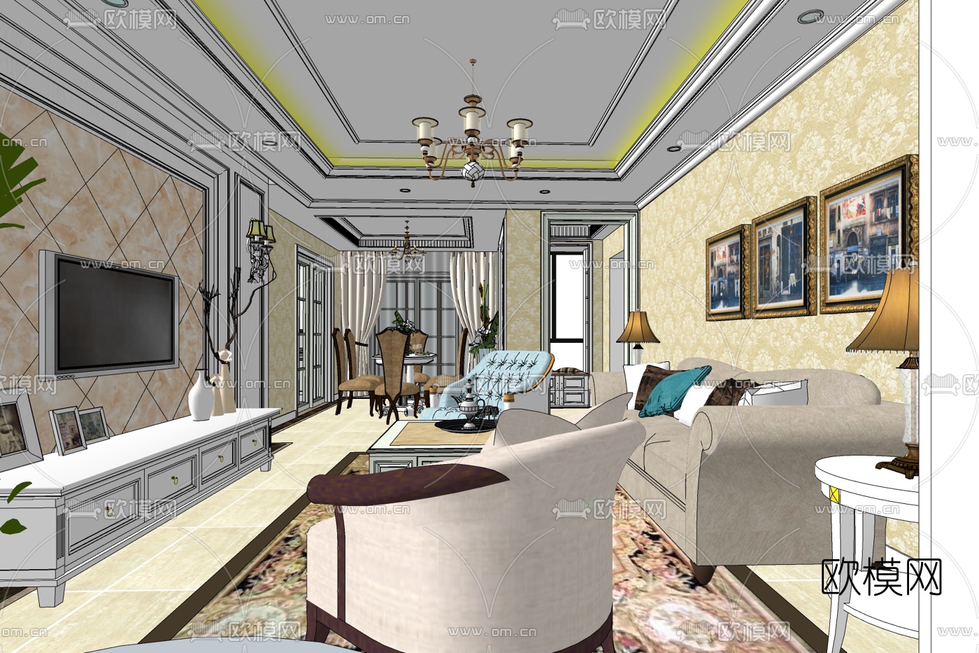 简欧客厅餐厅su模型下载