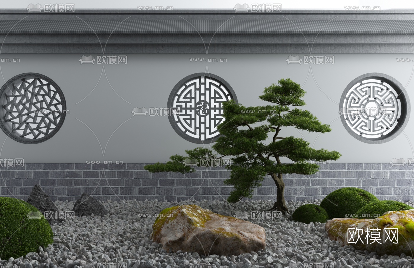 新中式景墙松树小品3d模型下载