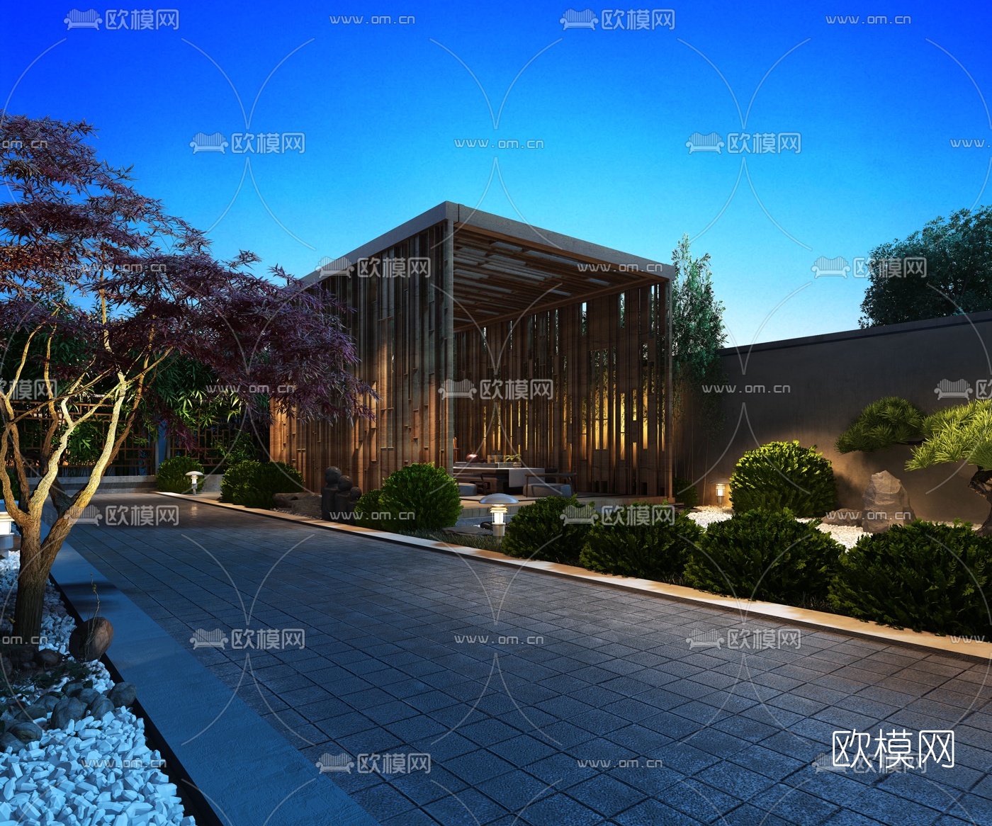 新中式庭院花园夜景3d模型下载（渲染图5）