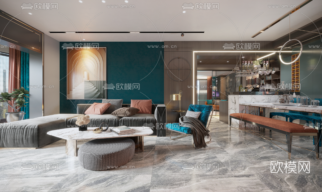 后现代轻奢客厅餐厅3d模型