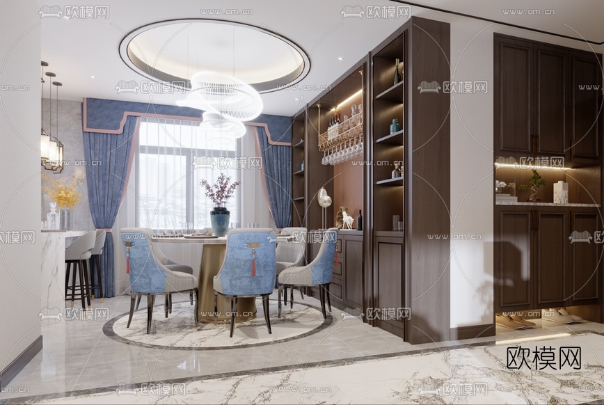 新中式轻奢客厅餐厅3d模型下载(渲染图4)