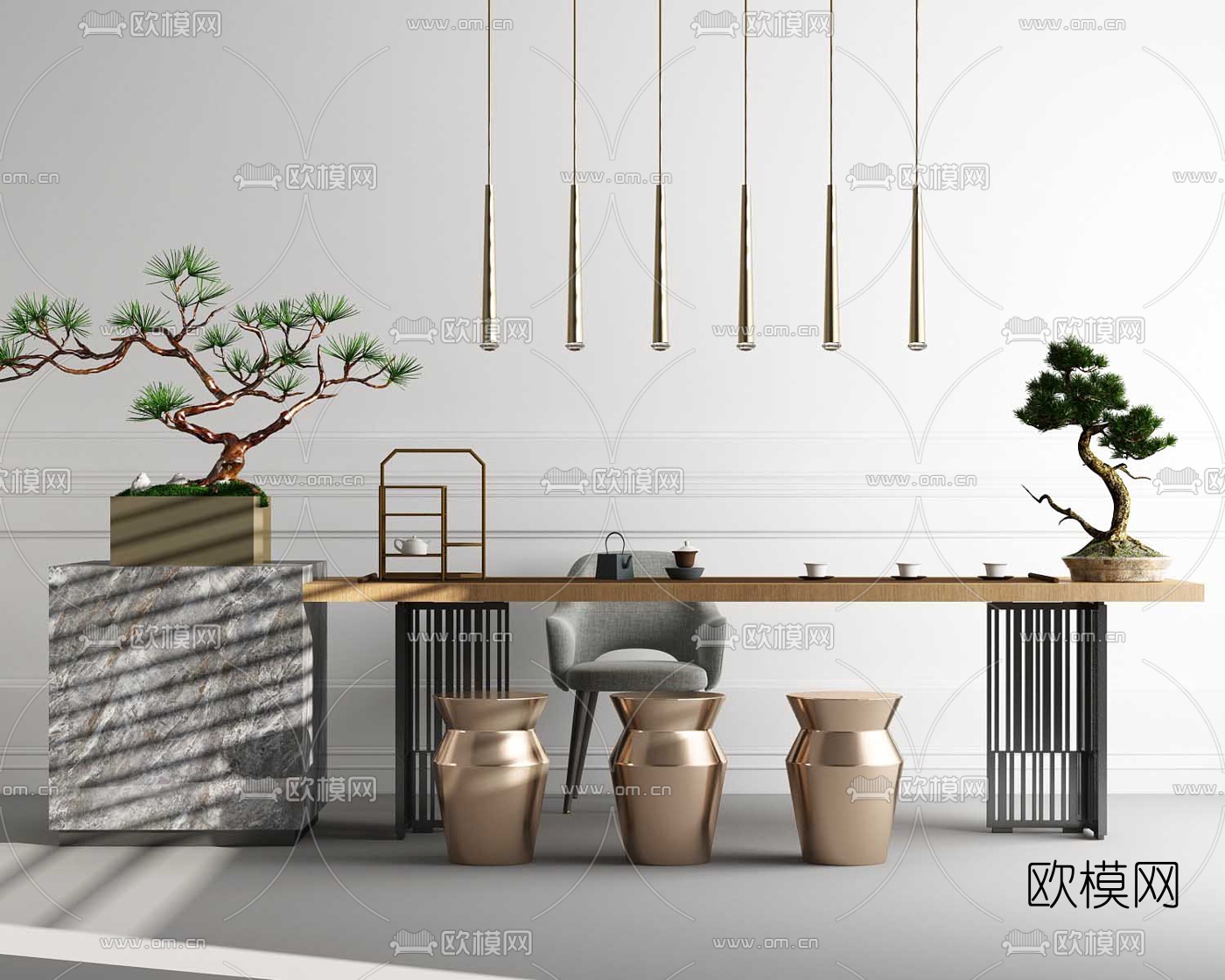 中式轻奢茶桌椅组合3d模型