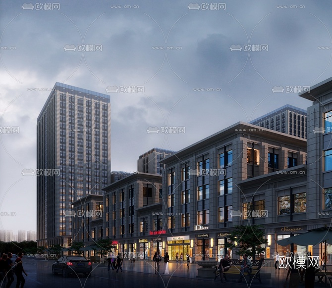 现代商业街夜景3d模型下载