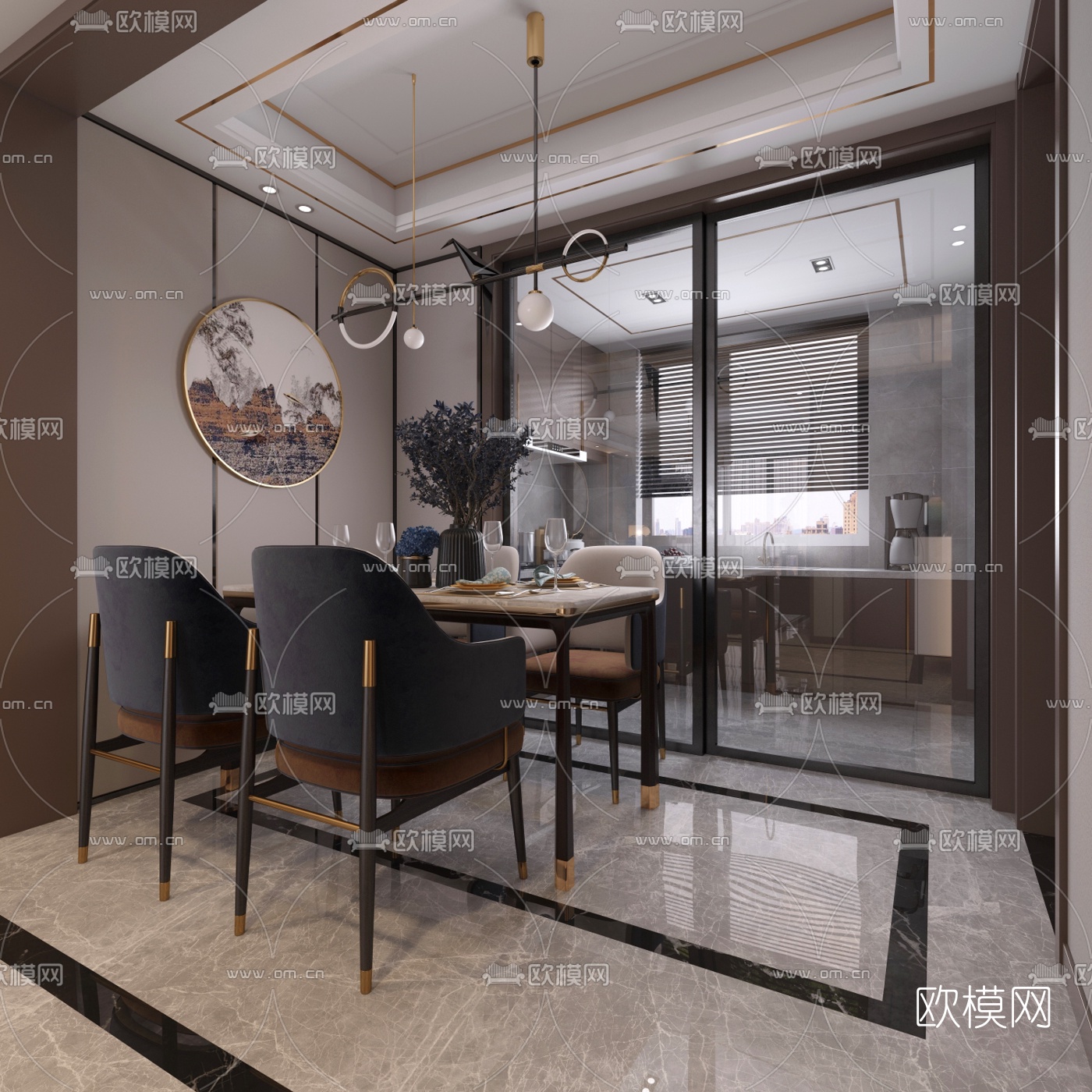 新中式轻奢客厅餐厅3d模型