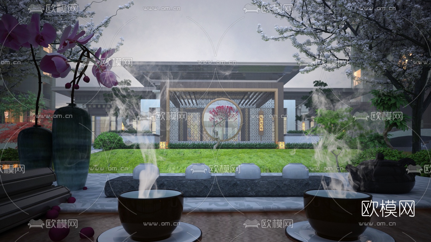新中式售楼处园林景观3d模型下载