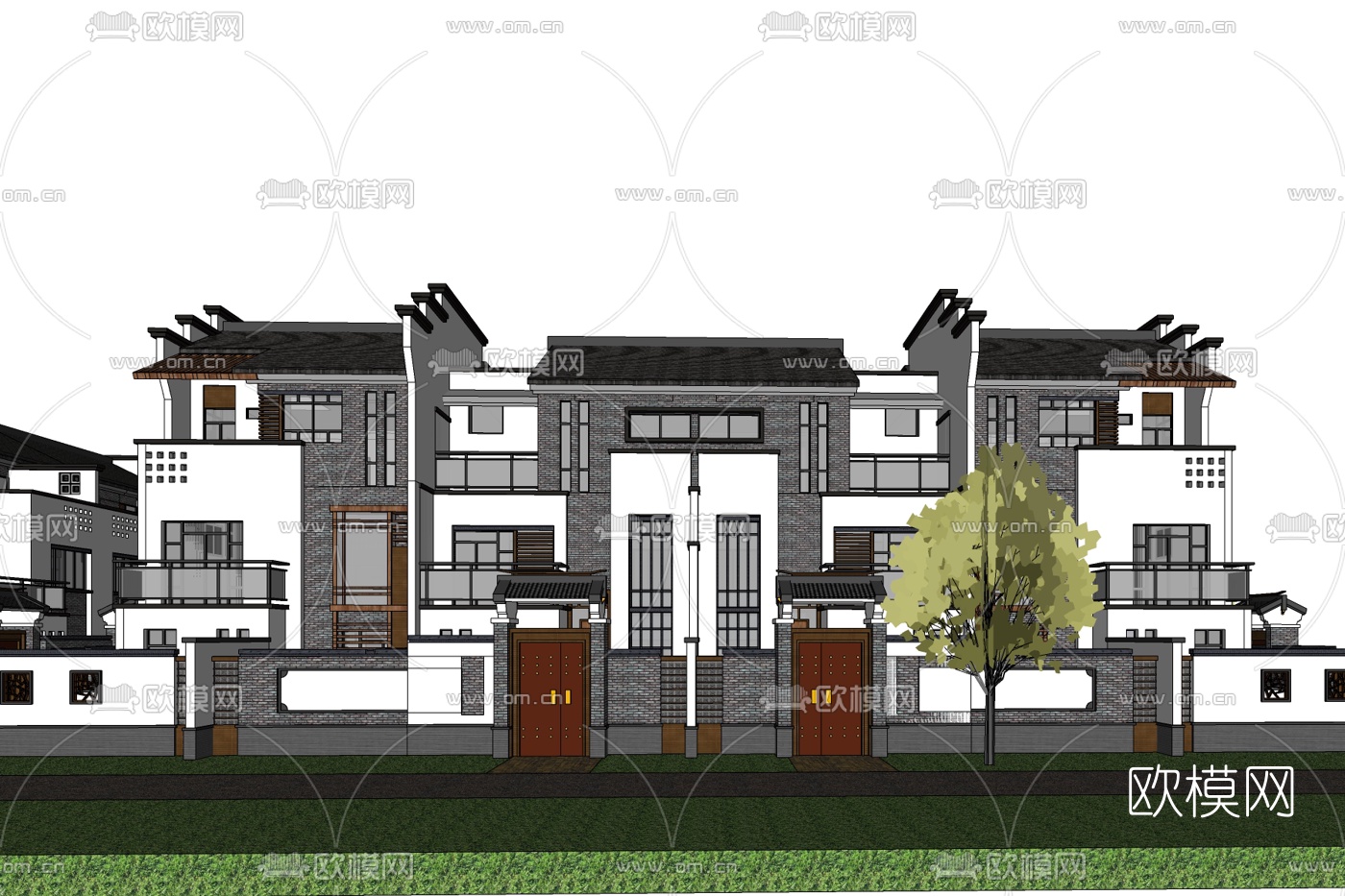 中式别墅外观免费su模型下载