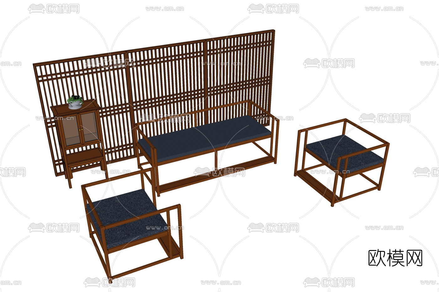 新中式实木沙发组合免费su模型下载