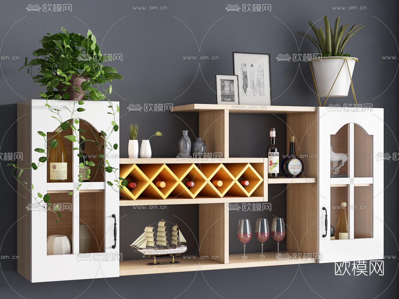 现代墙面壁柜吊挂酒架3d模型