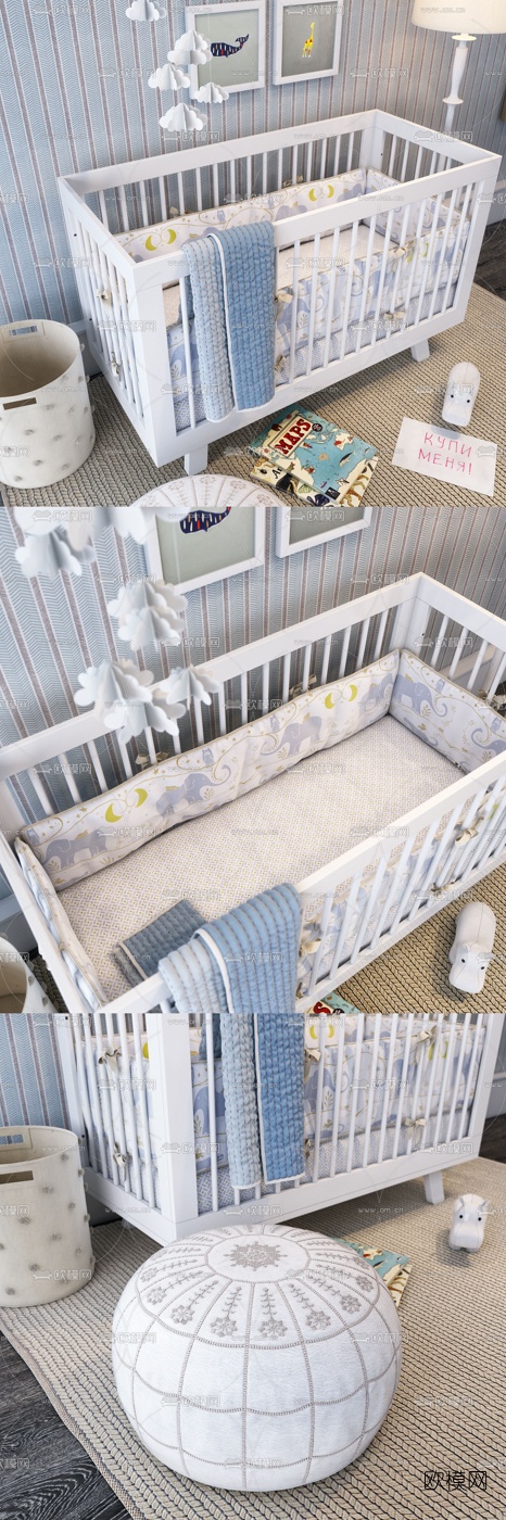 美式实木婴儿床3d模型下载（渲染图2）