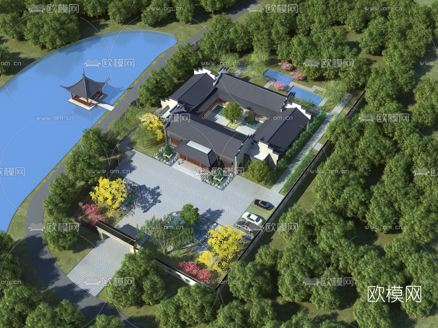 中式古建院落鸟瞰3d模型下载_ID10275614_3dmax免费模型-欧模网