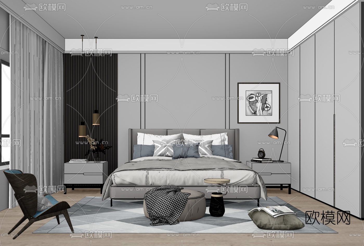 北欧卧室su模型下载（渲染图2）