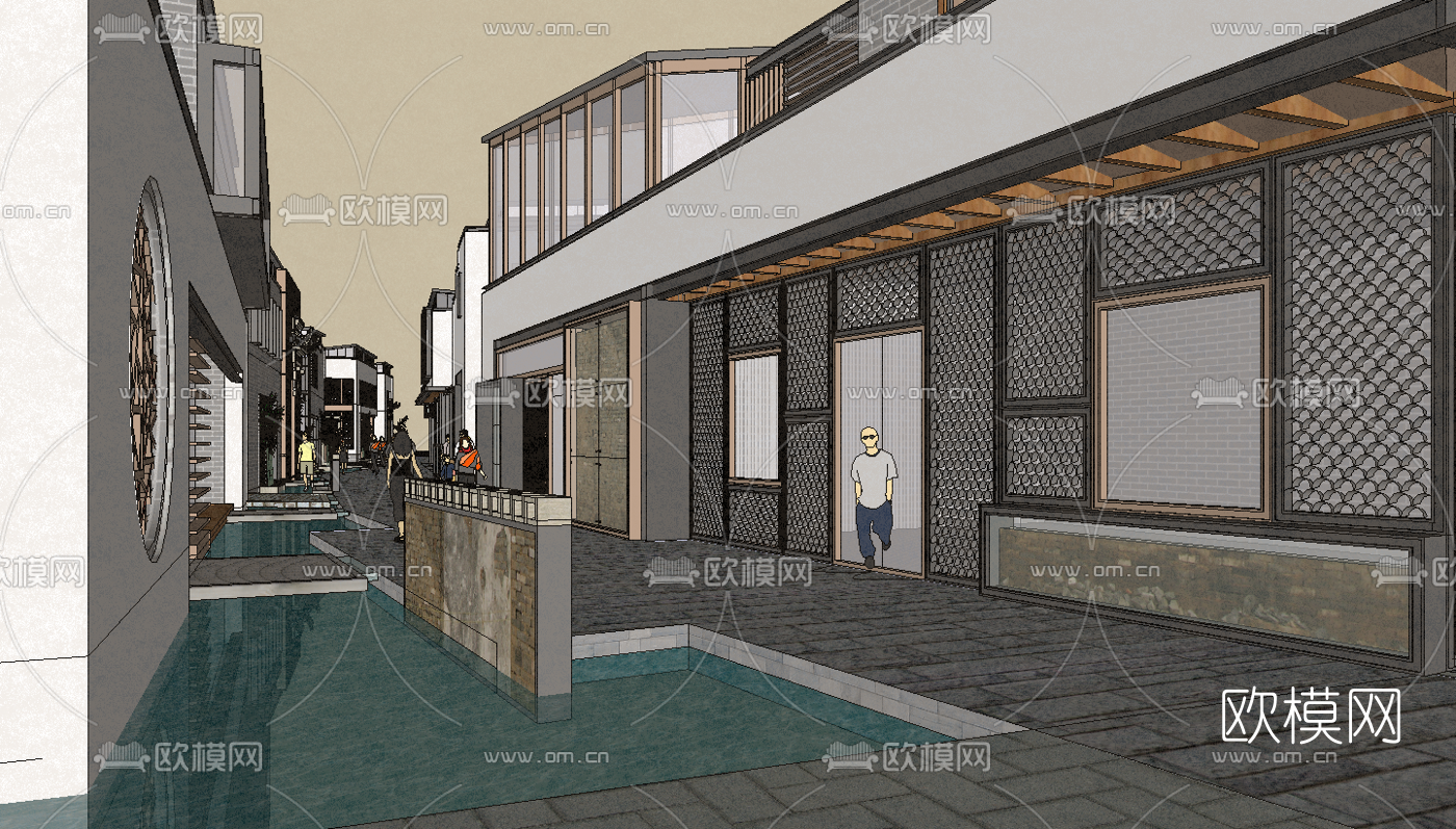 中式古街古镇风景区外观su模型下载（渲染图5）