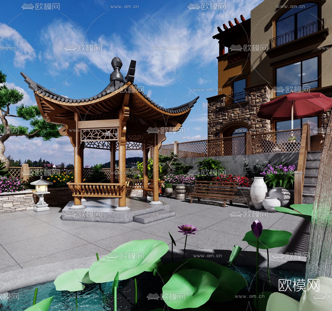 中式庭院花园3d模型下载（渲染图1）