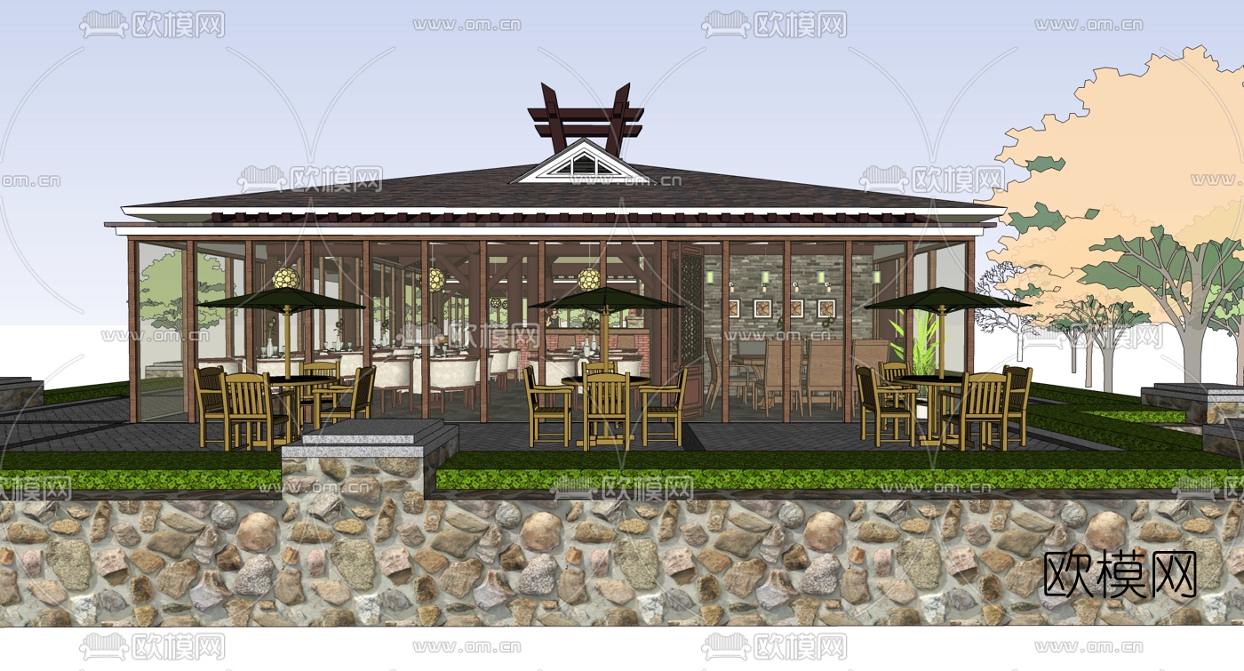 新中式农家餐厅su模型下载（渲染图1）