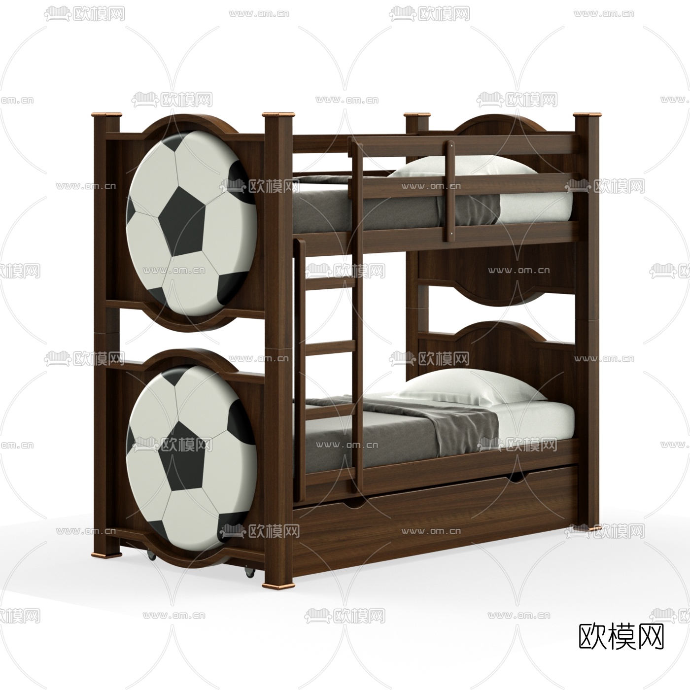 美式实木上下铺儿童床3d模型下载（渲染图1）
