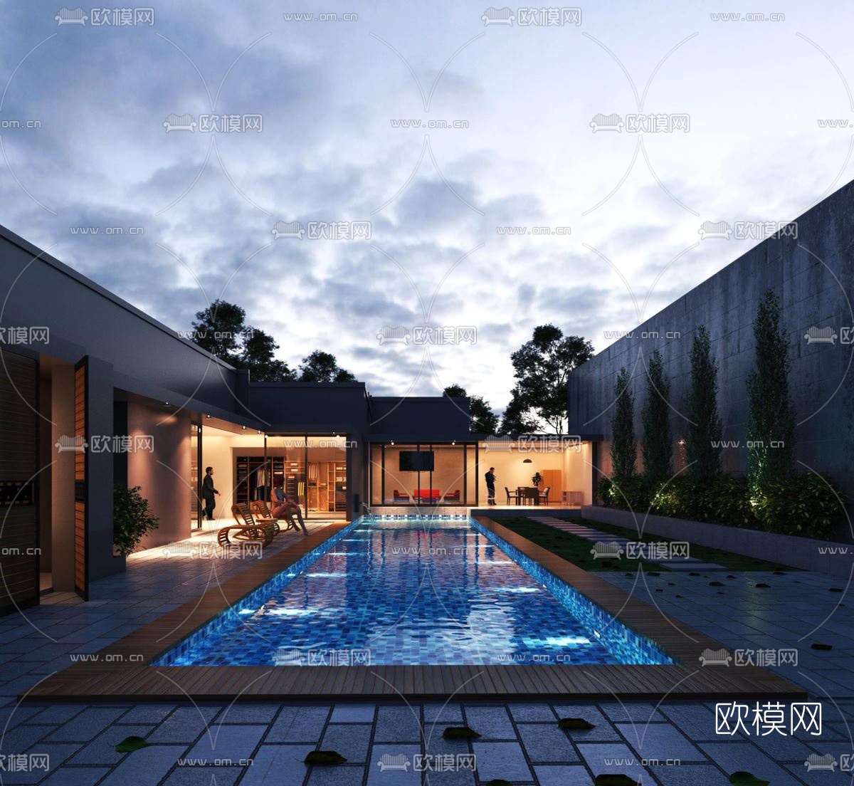 现代别墅外观游泳池su模型下载