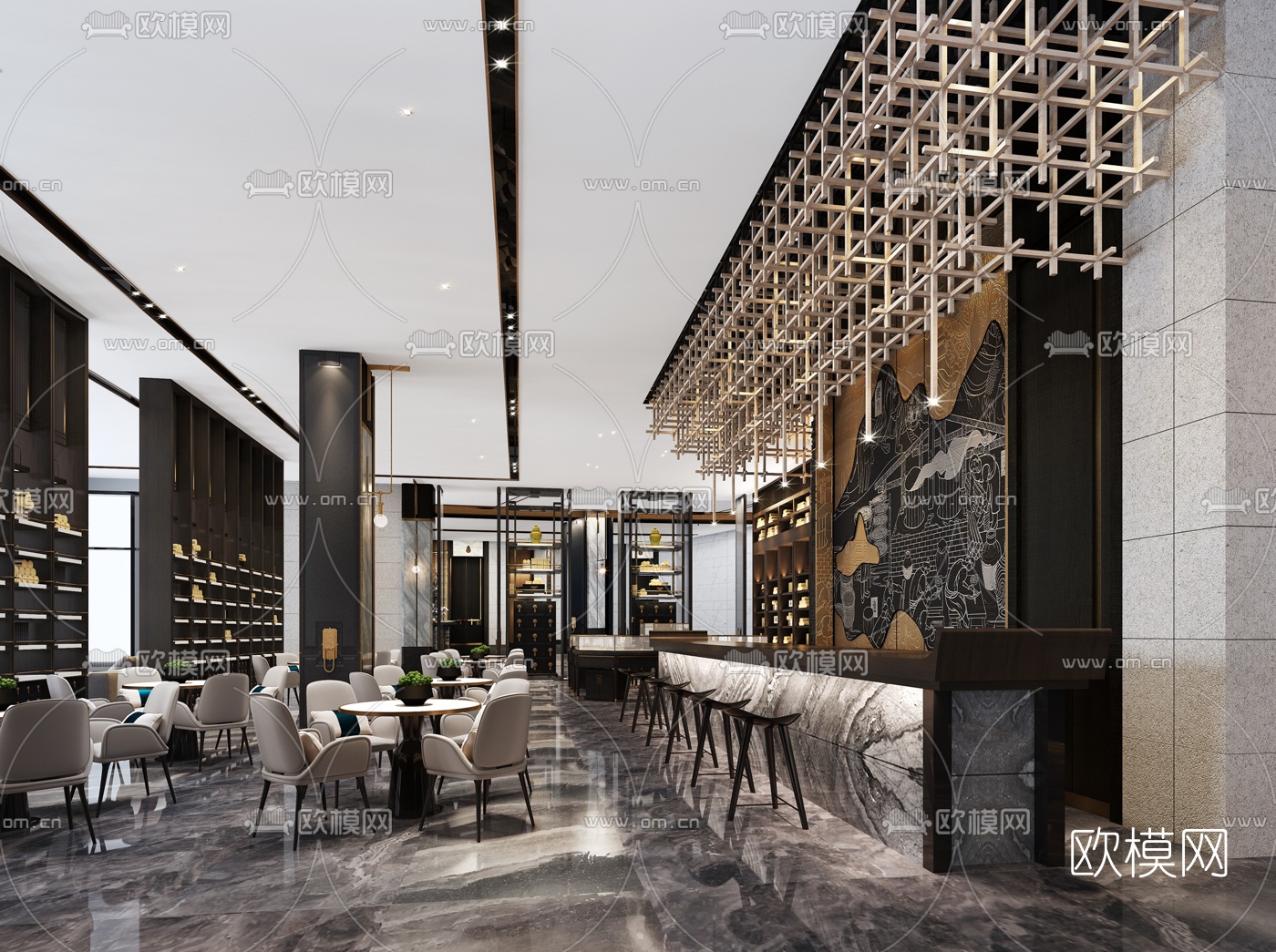新中式酒店大堂吧3d模型-免费3dmax模型库-欧模网