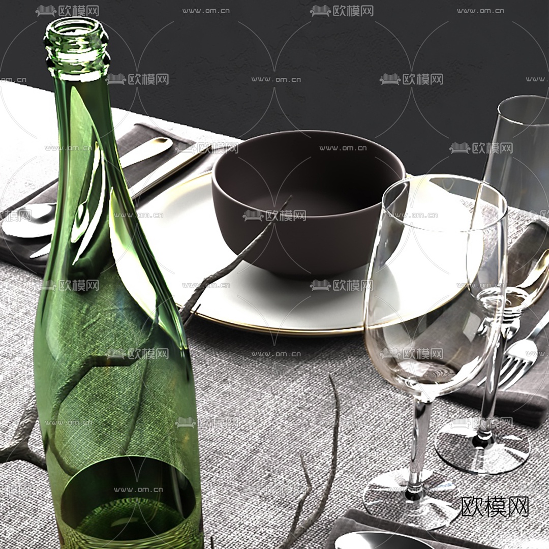 现代餐布刀叉餐具花瓶3d模型