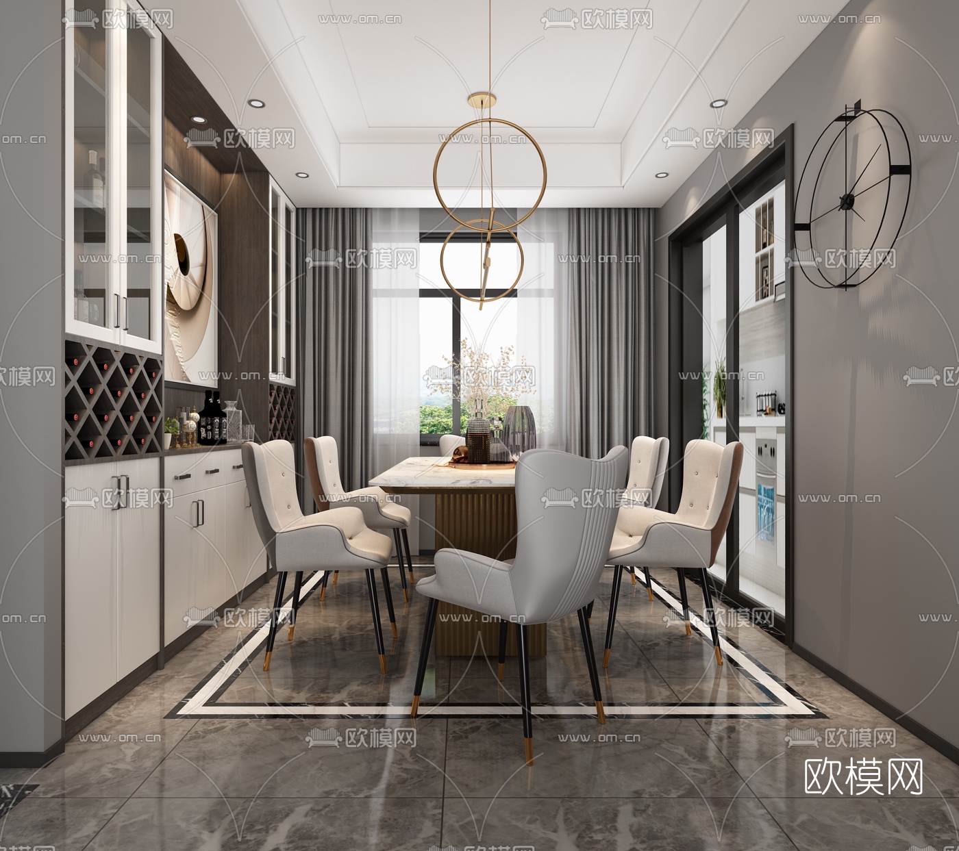 现代轻奢客厅餐厅3d模型下载（渲染图2）