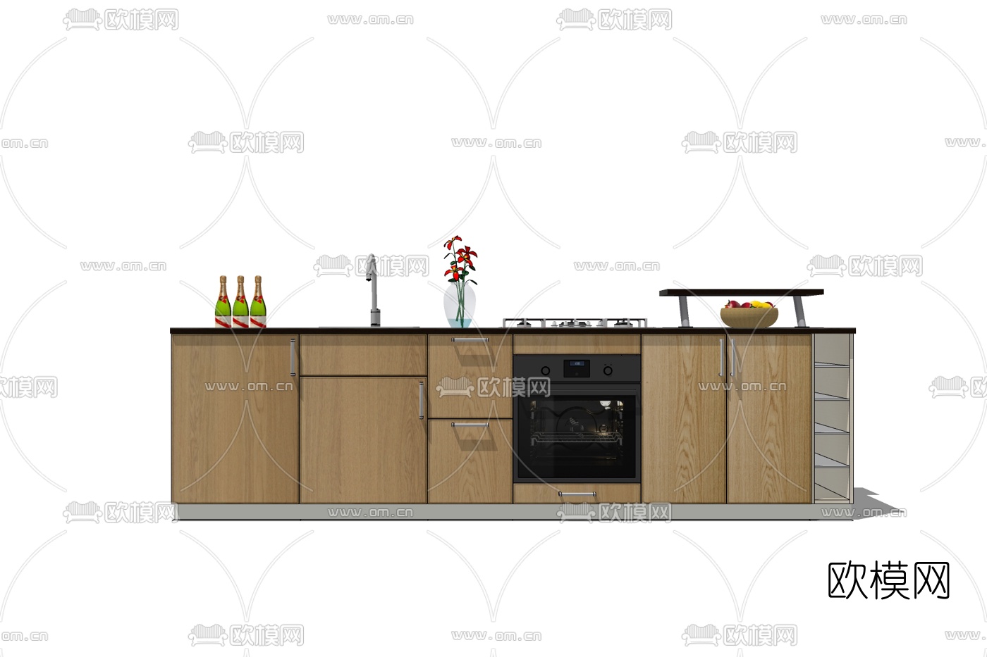 现代实木橱柜免费su模型下载
