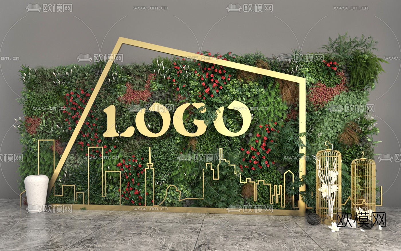 现代轻奢绿植背景墙3d模型