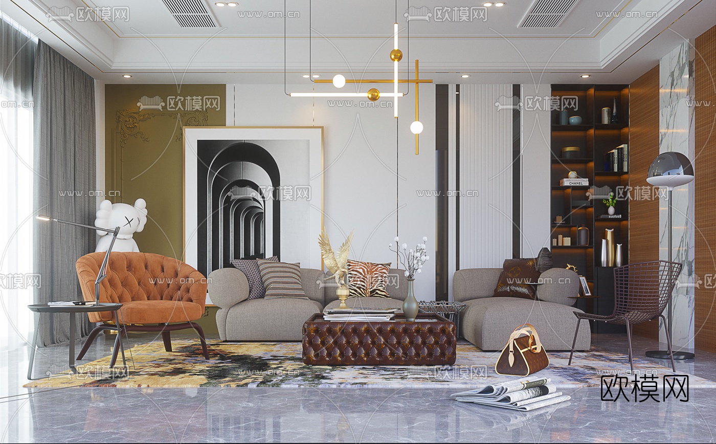 现代轻奢客厅免费3d模型下载