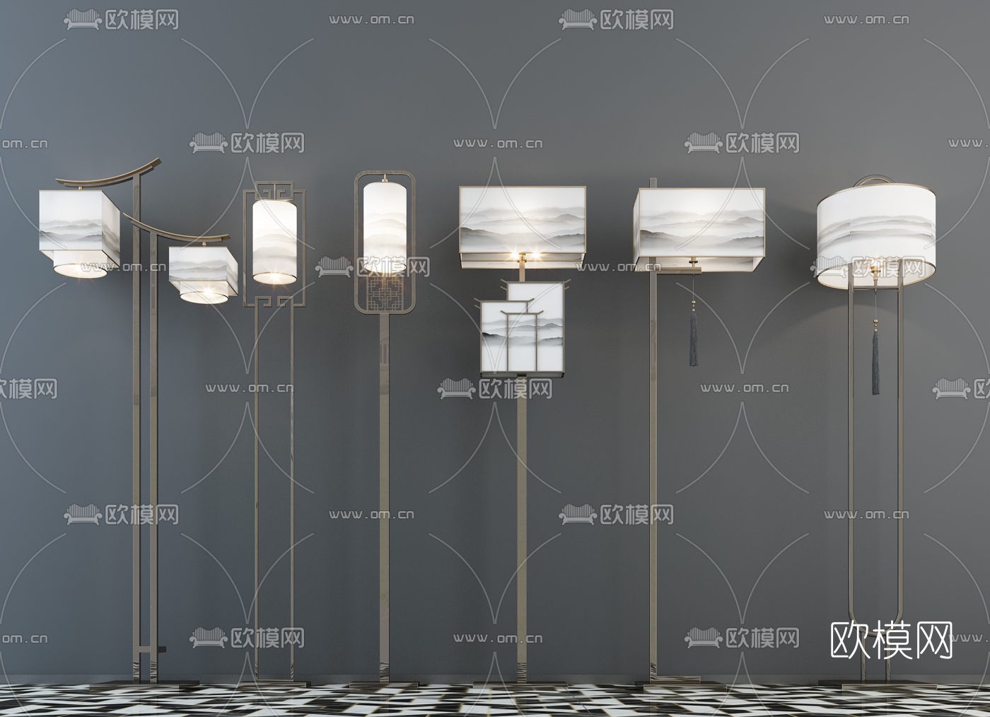 新中式金属落地灯组合3d模型下载