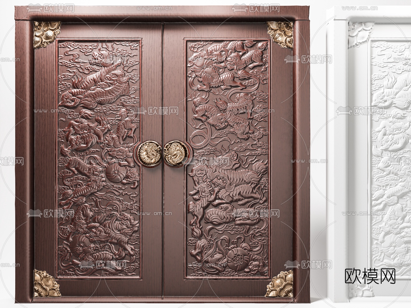 中式浮雕双开门3d模型下载（渲染图1）