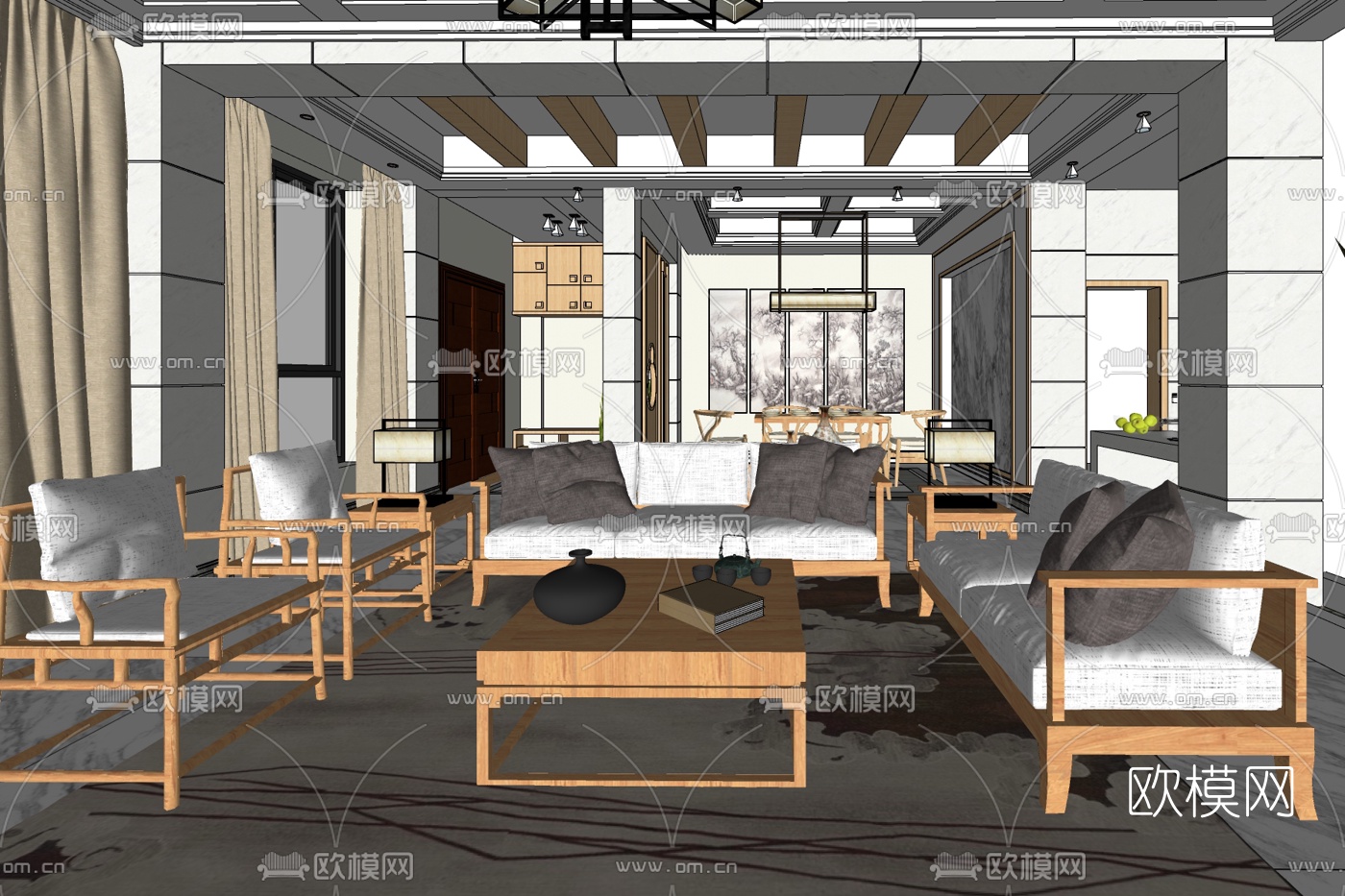 新中式客厅免费su模型下载