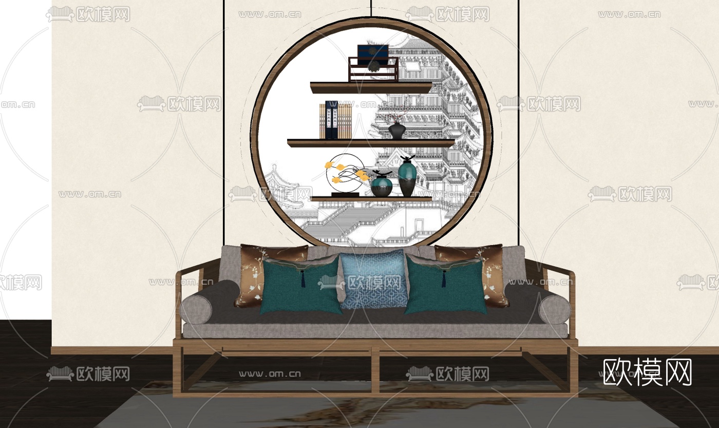 新中式实木双人沙发su模型下载