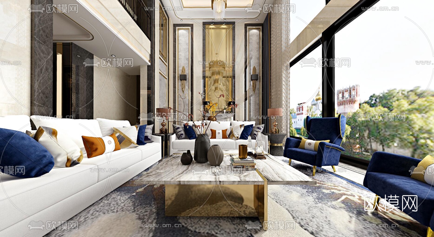 现代轻奢别墅客厅餐厅vr全景3d模型