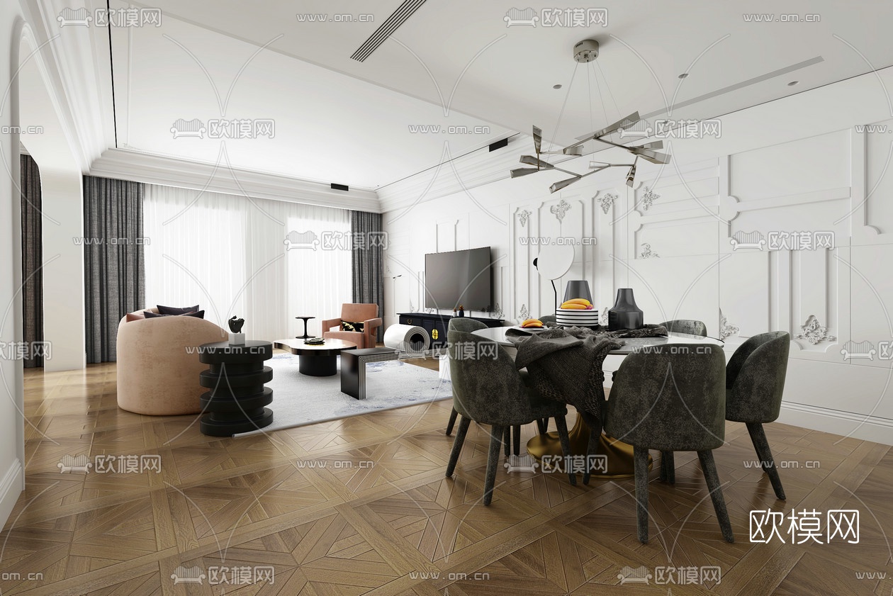 简欧客厅餐厅3d模型