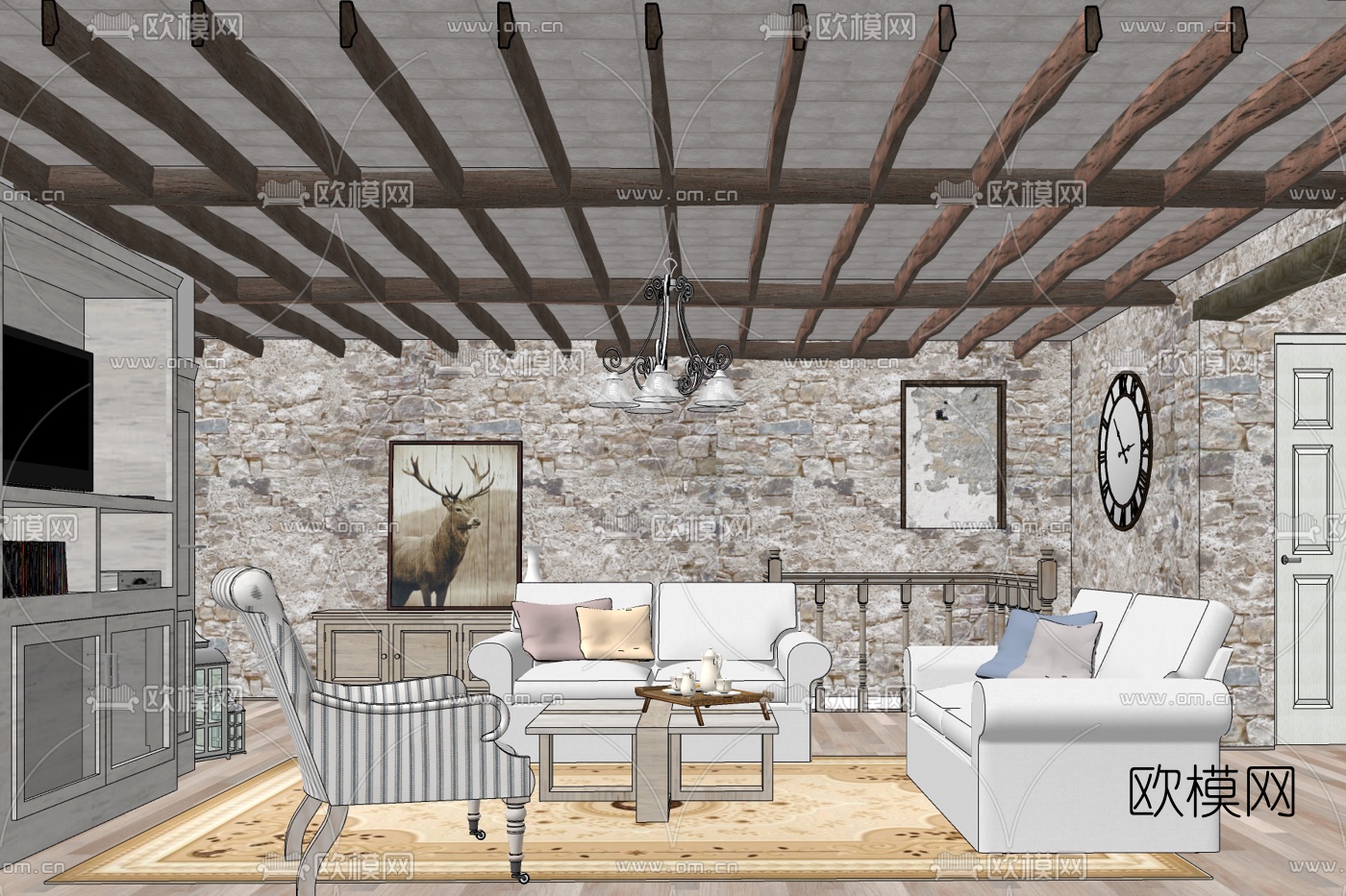 简欧客厅免费su模型下载