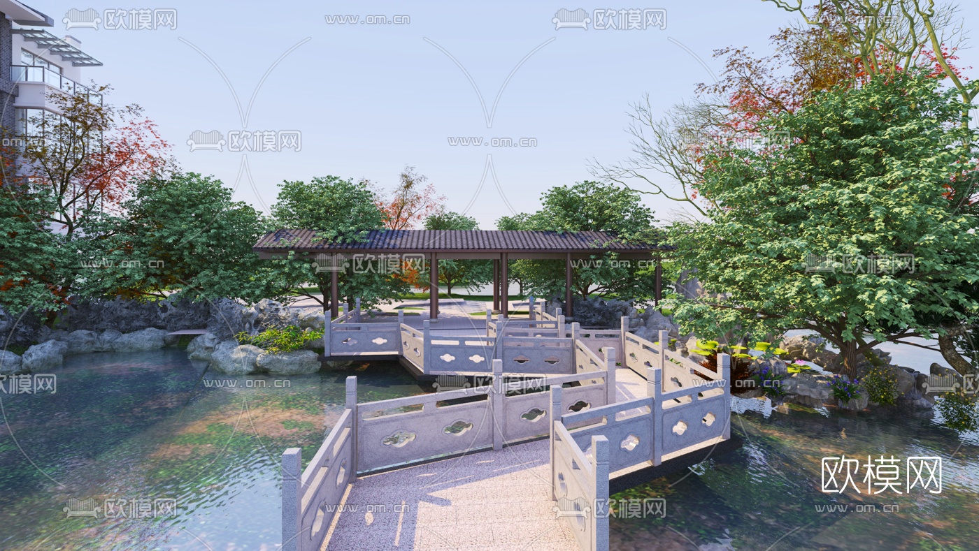 中式古建庭院花园建筑外观3d模型下载（渲染图2）