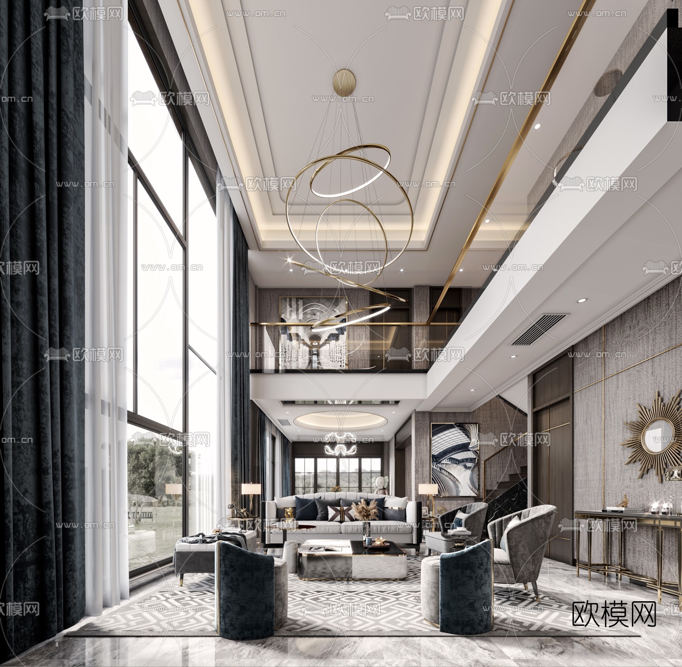 现代轻奢别墅客厅3d模型