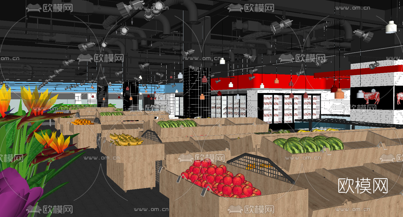 现代生鲜超市su模型下载（渲染图2）