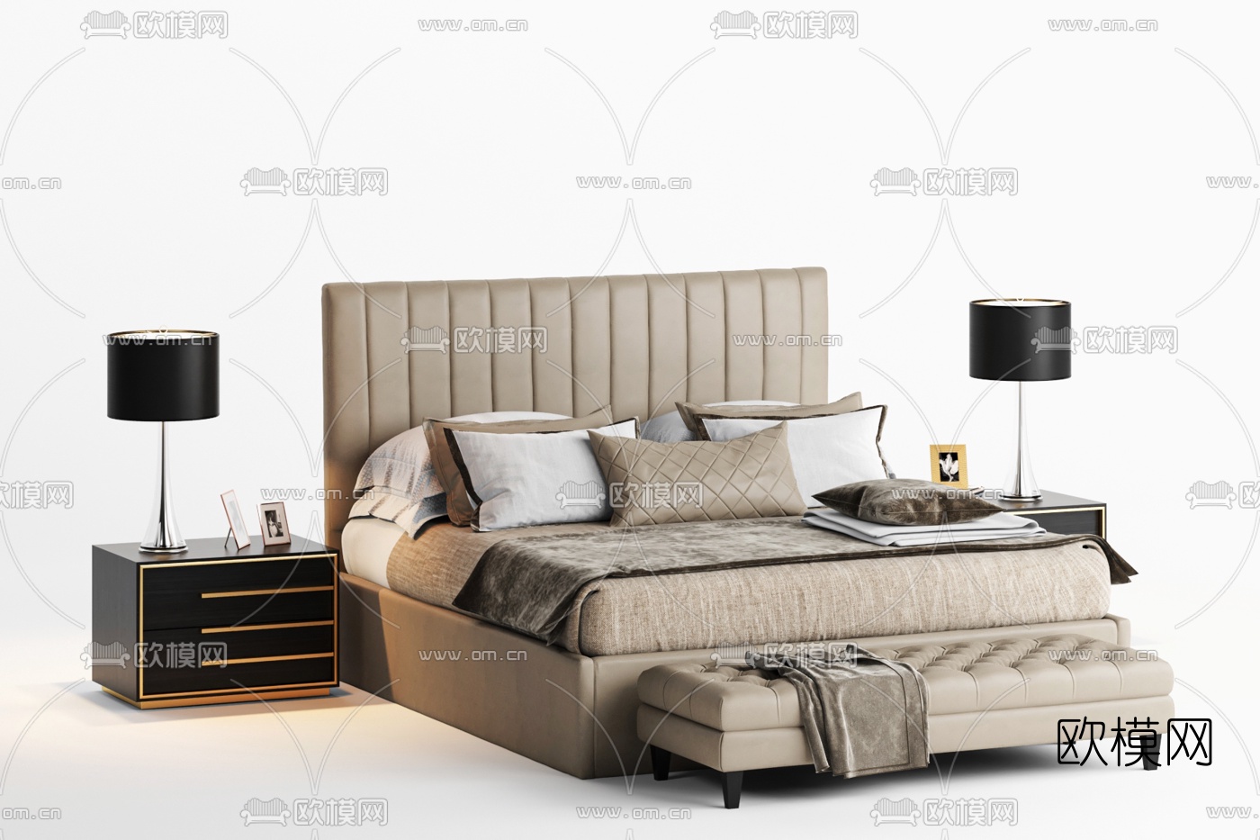 美式布艺双人床3d模型下载