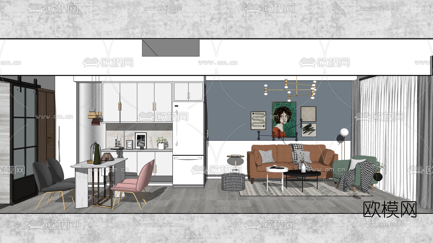 北欧客厅餐厅su模型