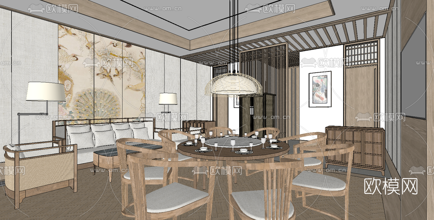 新中式餐厅包间su模型