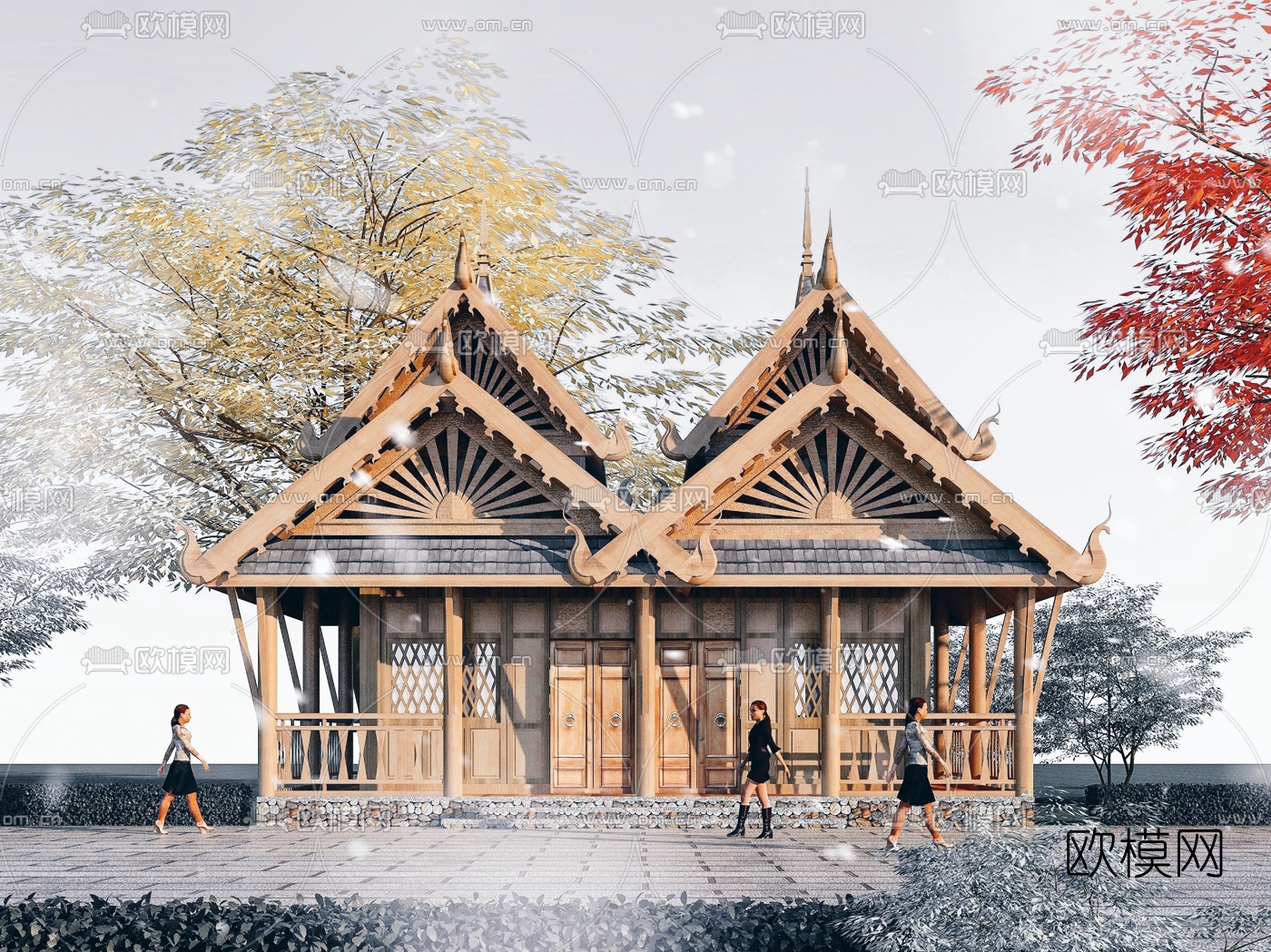 东南亚斜顶房屋建筑外观3d模型下载