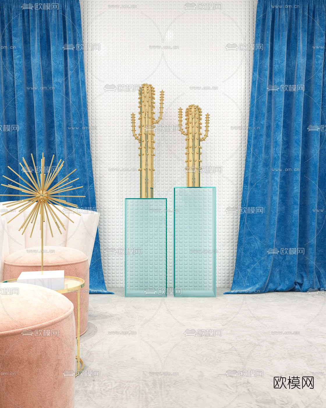 北欧仙人掌装饰背景墙合影区3d模型下载（渲染图2）